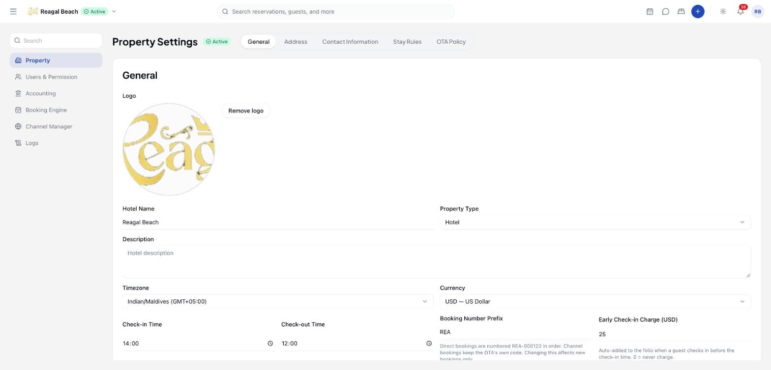 The General tab of Property Settings with logo, hotel name, property type, description, timezone, currency, check-in and check-out times, booking number prefix and early check-in charge.