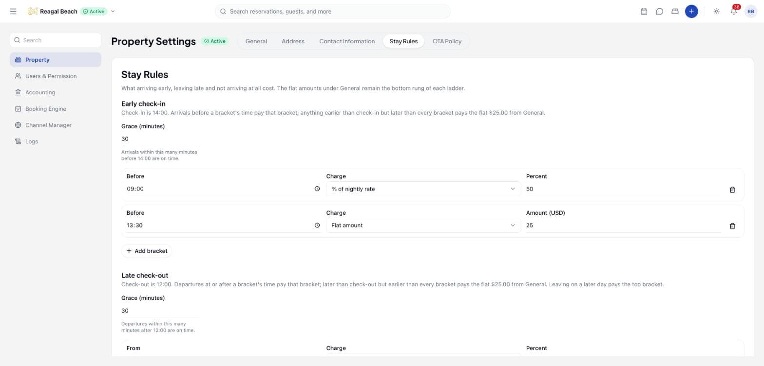 The Stay Rules tab showing an early check-in grace period and two brackets, one charging a percentage of the nightly rate and one a flat amount, with the late check-out ladder beneath.