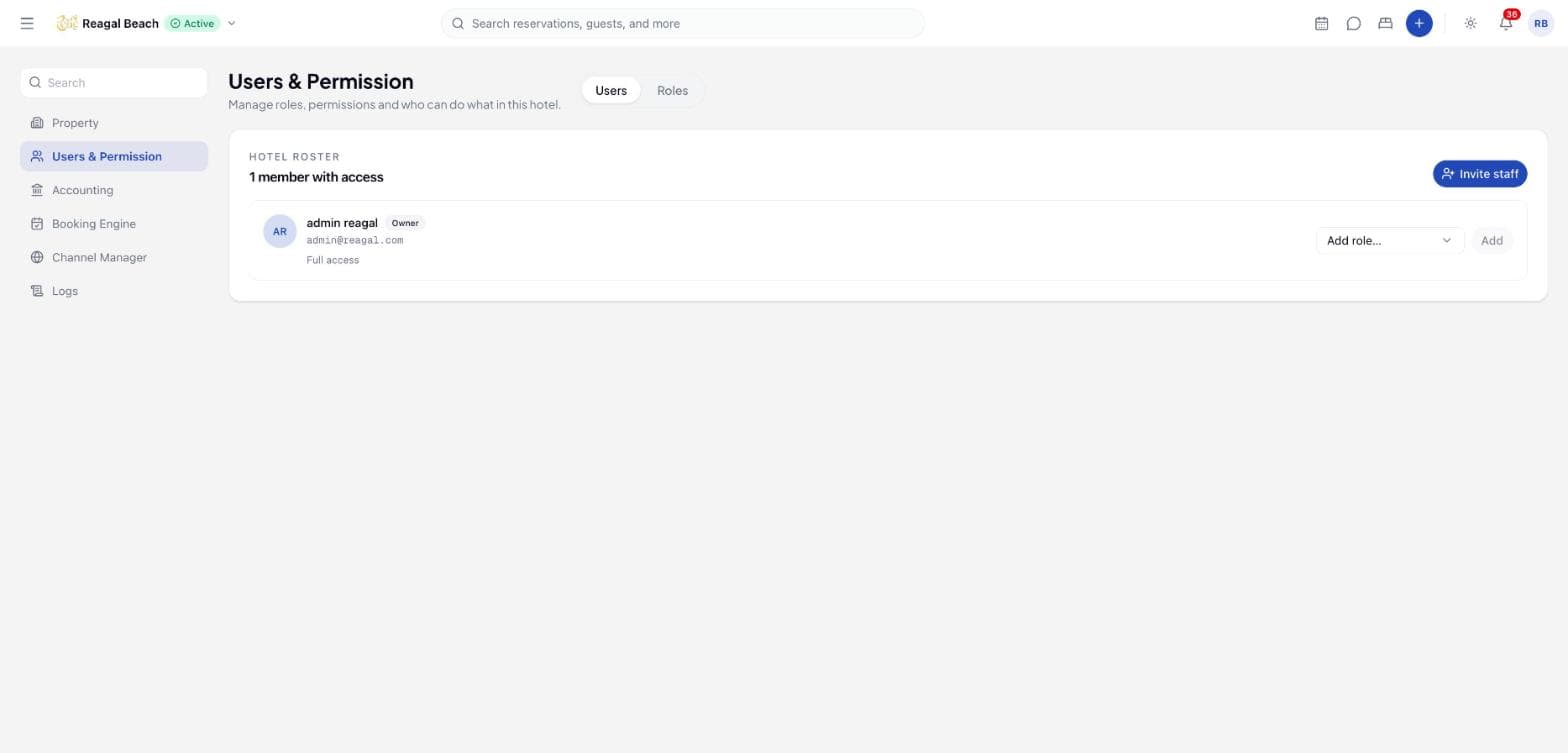 Users and Permission showing the hotel roster with one owner account and an Invite staff button.