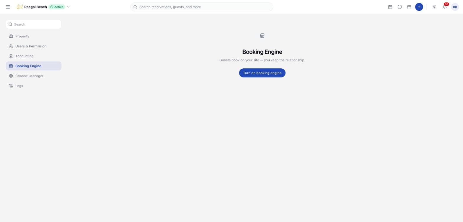 The booking engine settings page before setup, offering a single Turn on booking engine button.