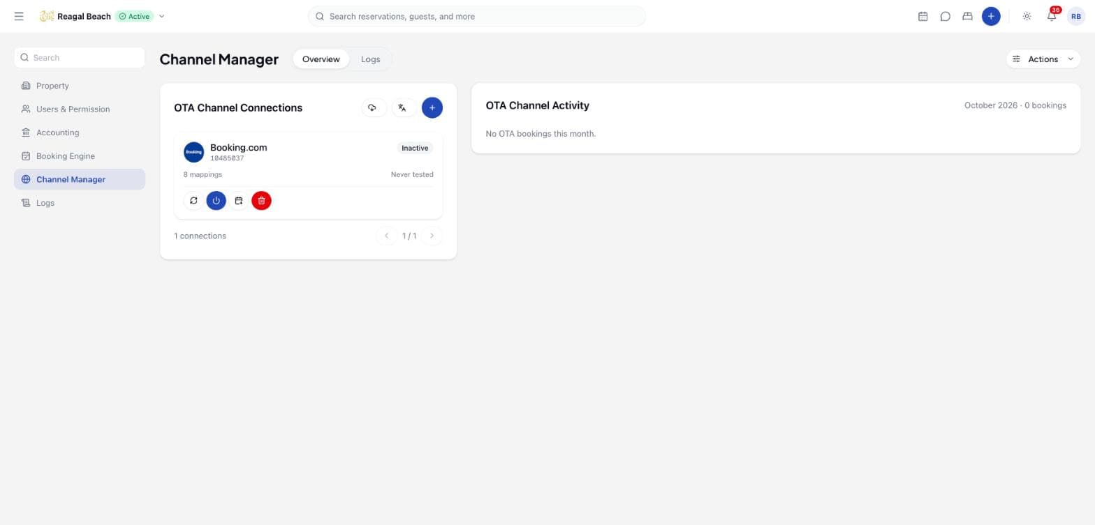 The channel manager overview with one Booking.com connection showing its property id, mapping count and inactive state, beside a panel of OTA channel activity.