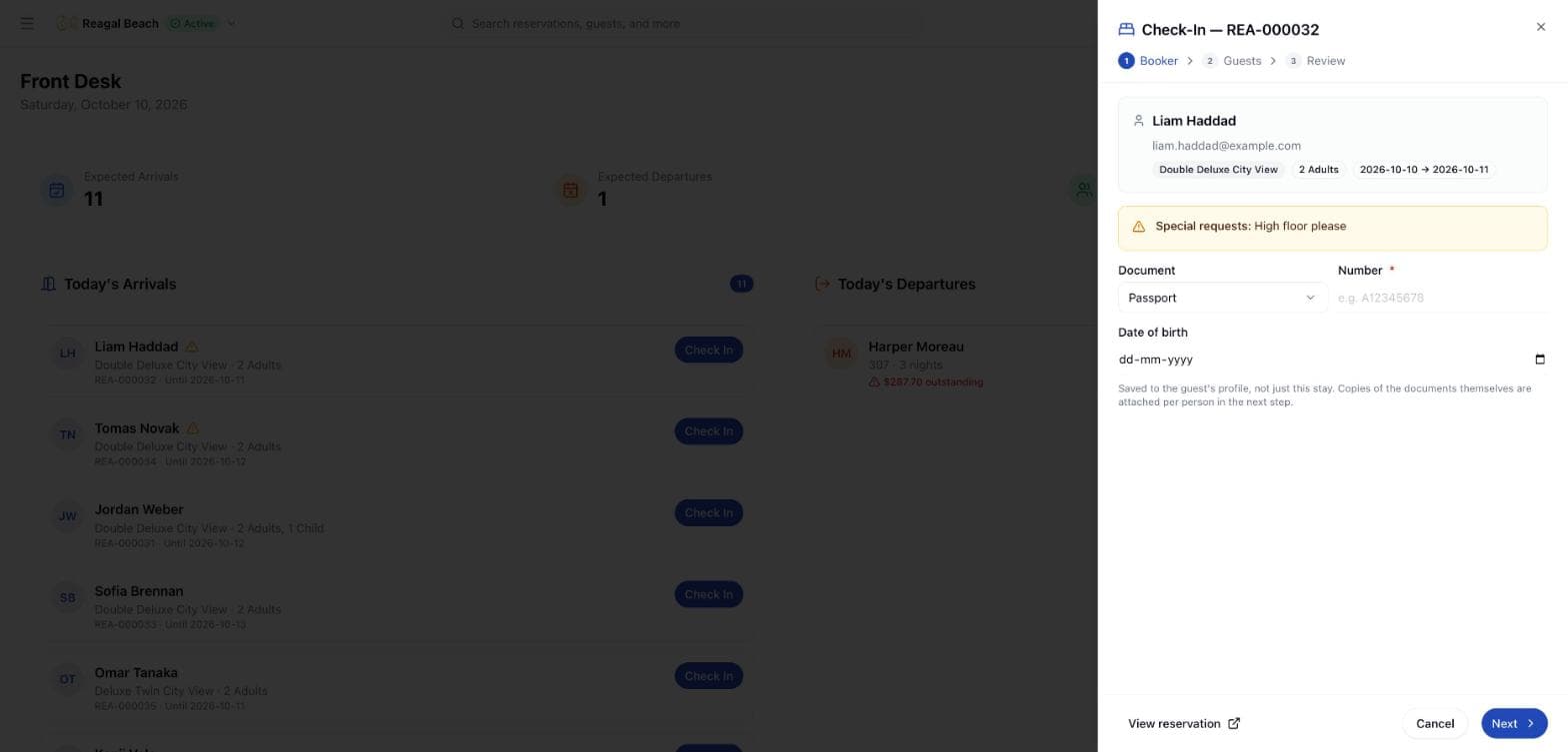 Step one of the Check-In dialog showing the booker's name, contact and stay, a special-requests note, and document type, number and date-of-birth fields.