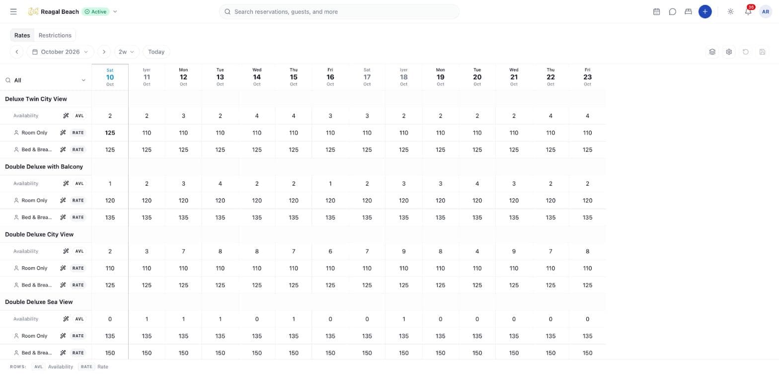 The inventory grid with a row of availability and a row per rate plan for each room type, across a fortnight of dates.