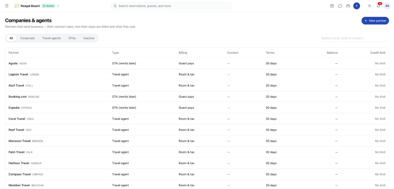 The Companies and agents list filtered to all partners, showing partner name and code, type, billing, terms, balance and credit limit.