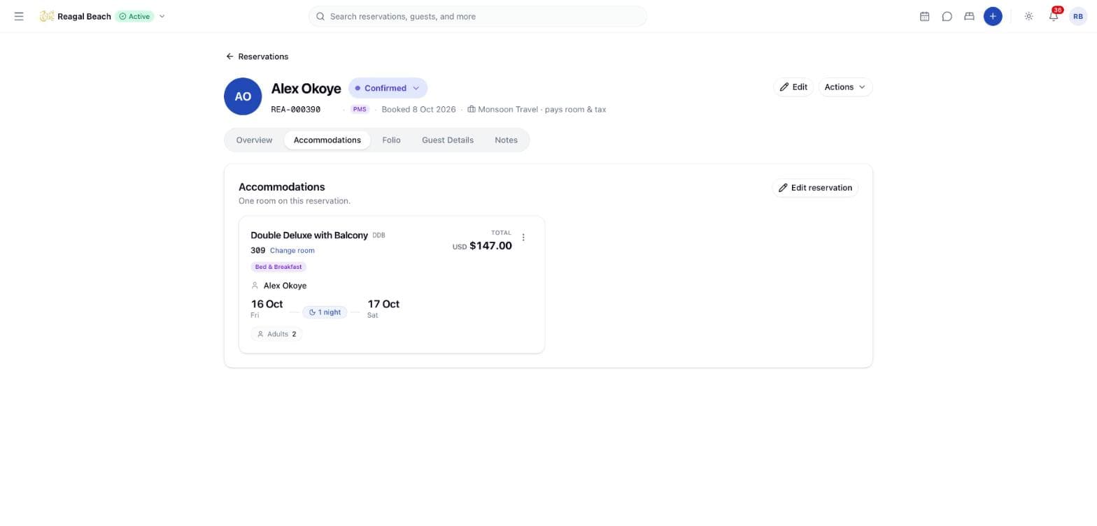 The Accommodations tab showing one card per room with its room type, room number, rate plan, guest, dates and total.