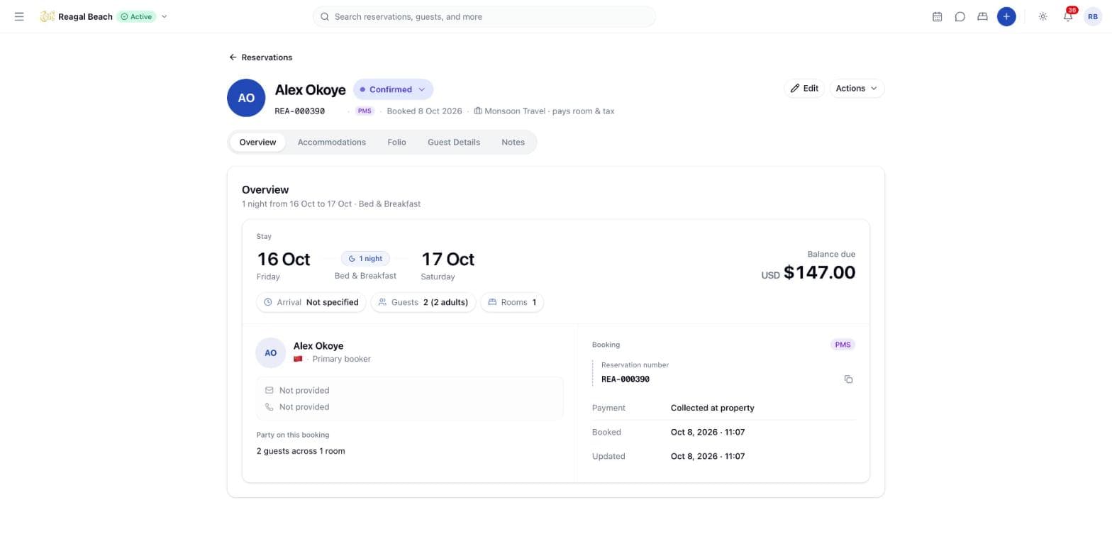 A reservation page headed by the guest name, status, booking reference and partner chip, with Overview, Accommodations, Folio, Guest Details and Notes tabs.