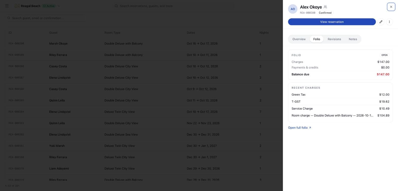 The Folio tab of the reservation detail sheet showing charges, payments, balance due and the most recent charges.