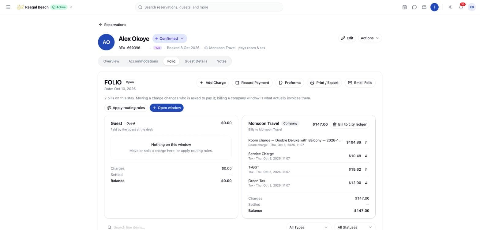 A stay folio with two windows side by side: an empty guest window and a company window holding the room charge, service charge, T-GST and Green Tax.