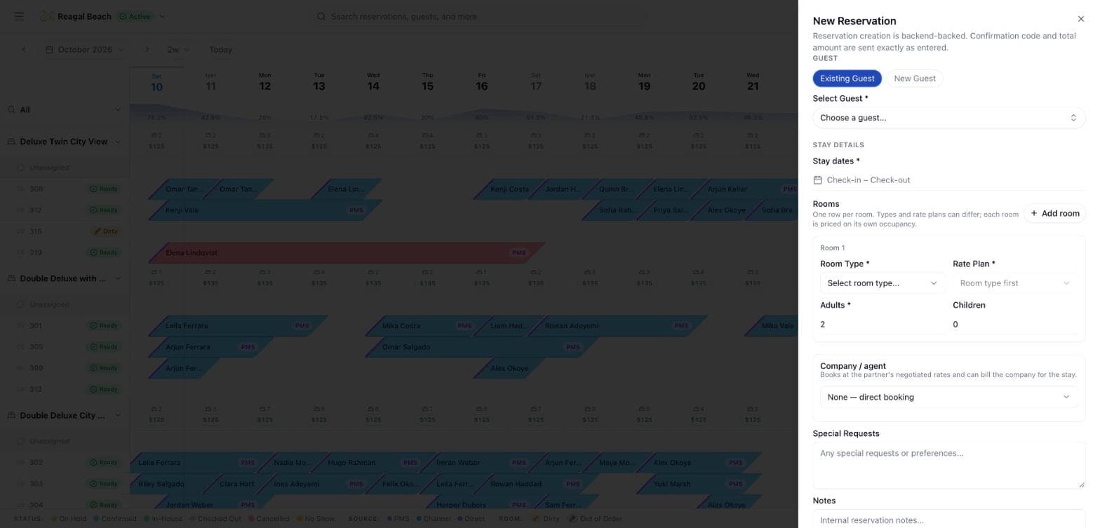 The New Reservation sheet with guest selection, stay dates, a Rooms editor holding one room row with room type, rate plan, adults and children, and a company and agent field.