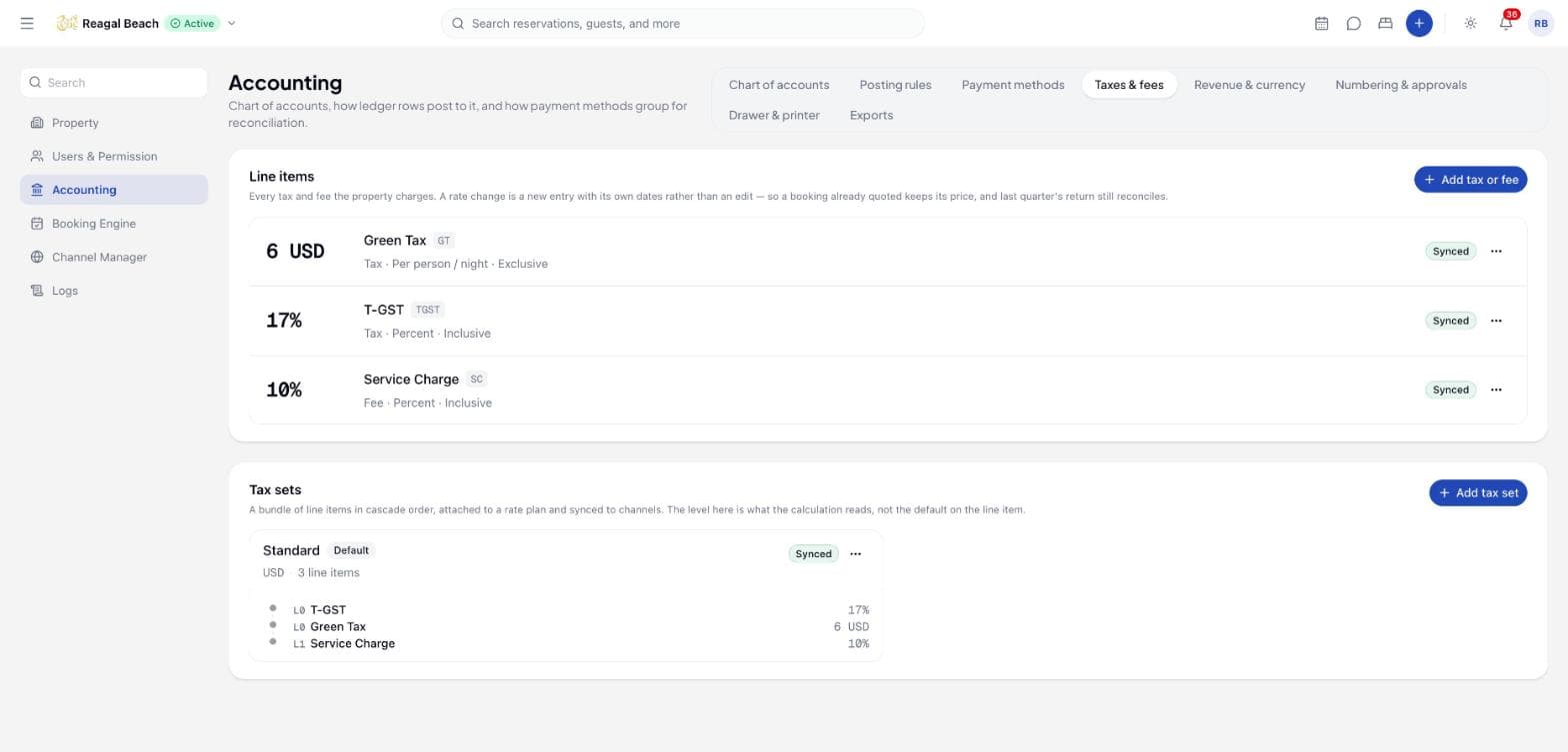 The taxes and fees screen listing Green Tax, T-GST and a service charge with their rates and whether each is inclusive, above the Standard tax set and its cascade order.